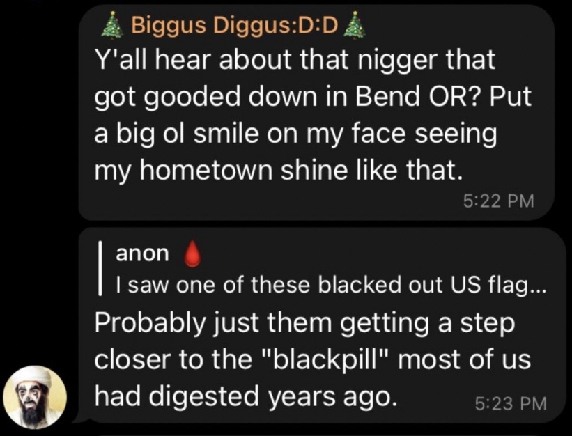 Bingus Dingus posting in the Pacific Northwest Territorial Imperative Telegram chat that his hometown is Bend Oregon