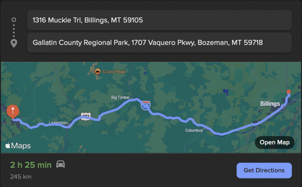 Map showing 2 hours and 25 min driving time from Bingus' mom's house to park in Bozeman MT where Bingus was wanting to fight Cleetus