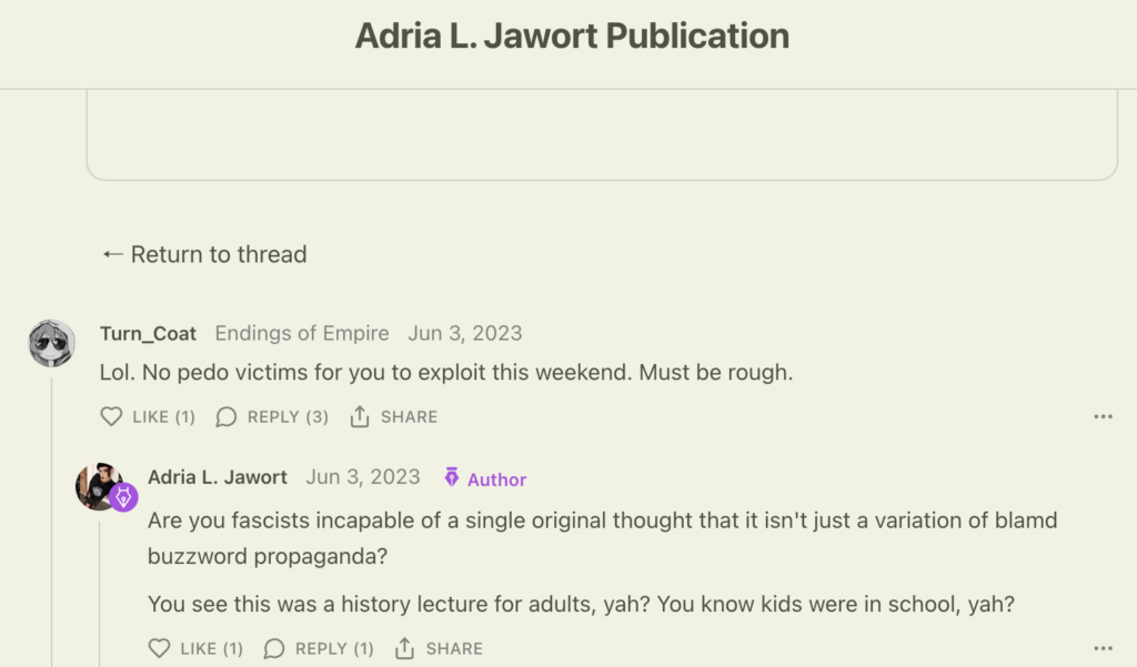 Trenin Bayless aka TurnCoat commenting on Adria Jawort's Substack about how the Butte MT library was pressured into canceling her historical talk because she is trans